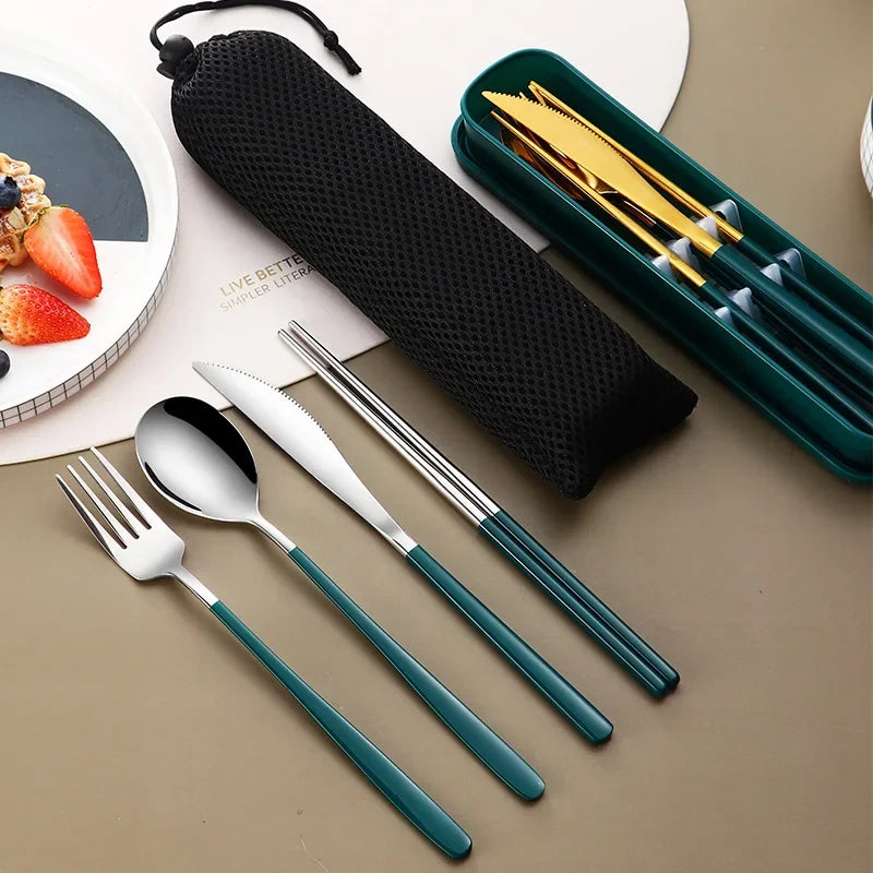 Portable Travel Utensils Set with Case Stainless Steel Knife Forks Spoons Chopsticks for Lunch Box Office Picnic Dinnerware Use